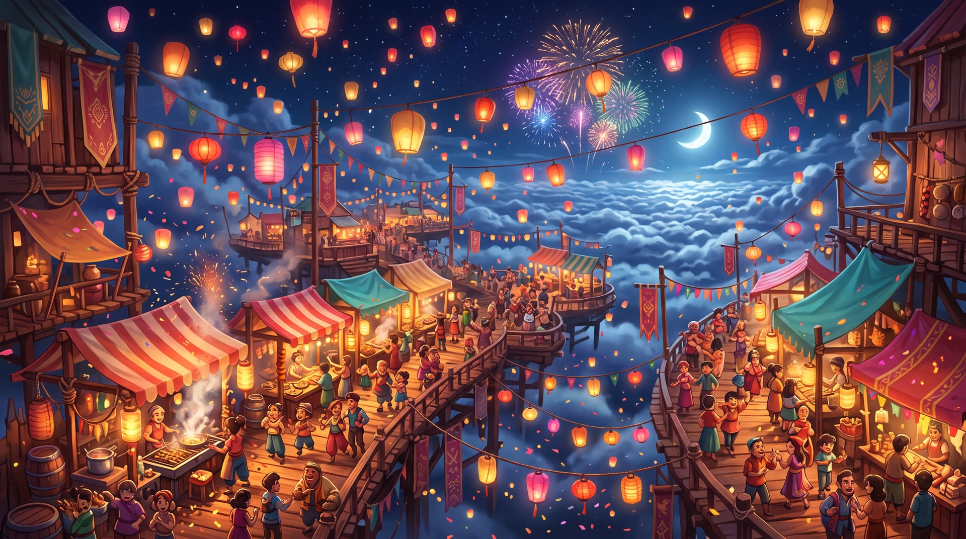 A floating night market packed with lantern-lit food stalls above the clouds