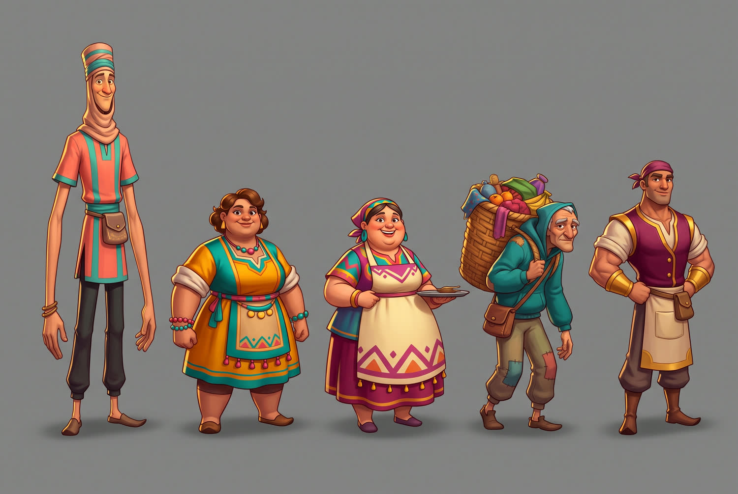 Five stylized festival vendor characters with deliberately different silhouettes